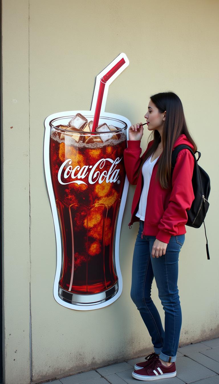 A sticker with white borders on a wall, featuring an image of a glass cup filled with Coca-Cola and ice cubes. A 20-year-old female university student stands next to the wall, pulling the straw from the sticker into the real world and sipping the Coca-Cola from the glass cup shown on the sticker. The sticker’s design is highly realistic, with clear details of the ice cubes and soda in the glass. The surreal scene blends reality and the illustrated sticker, with the student enjoying a drink as if the sticker has come to life.