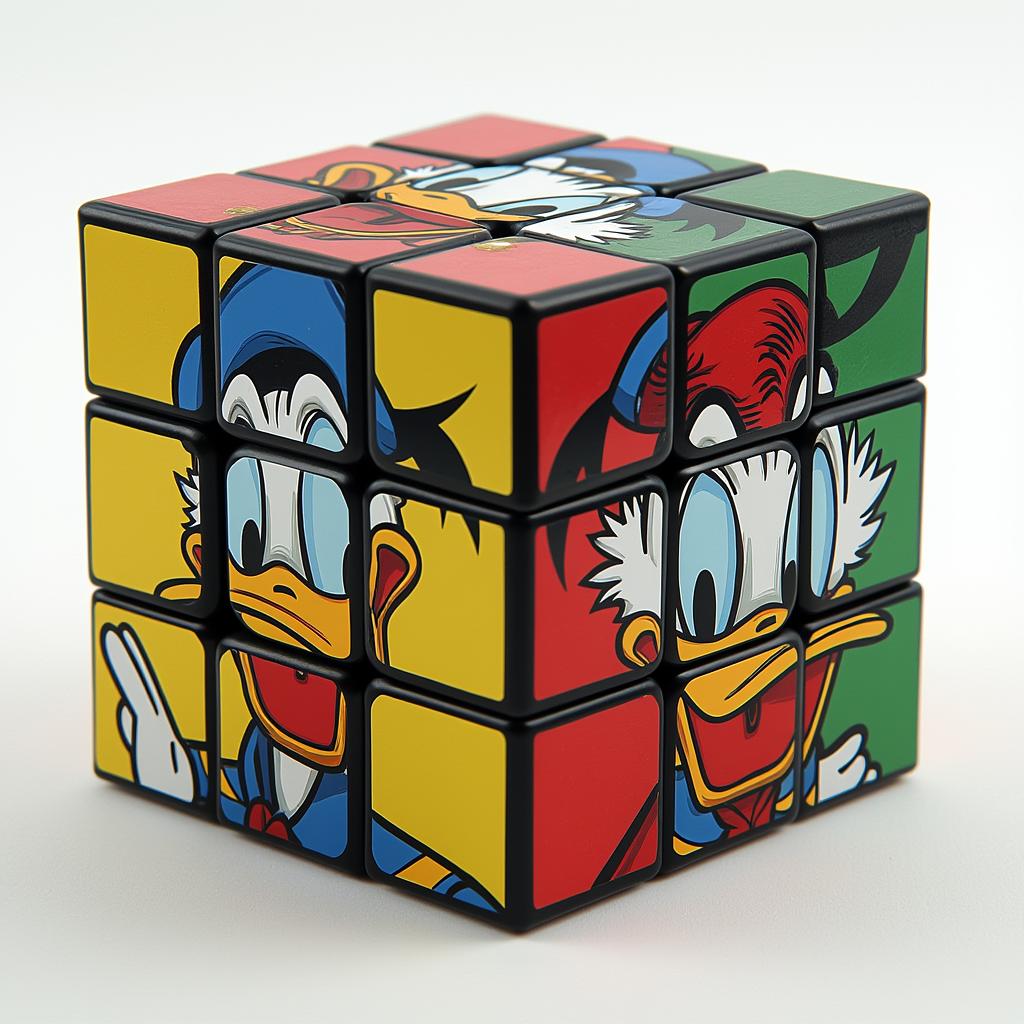 A magic cube (Rubik's cube) before it has been scrambled, with each set of 9 squares on the faces arranged to form famous cartoon character. The left face of the cube is composed of (a  cartoon of Donald Duck), the right face is made up of (a cartoon of Duffy Duck), and the top face is formed by (a cartoon of Dagobert Duck). The cube is perfectly arranged, showcasing the vibrant and iconic details of these masterpieces on each side.