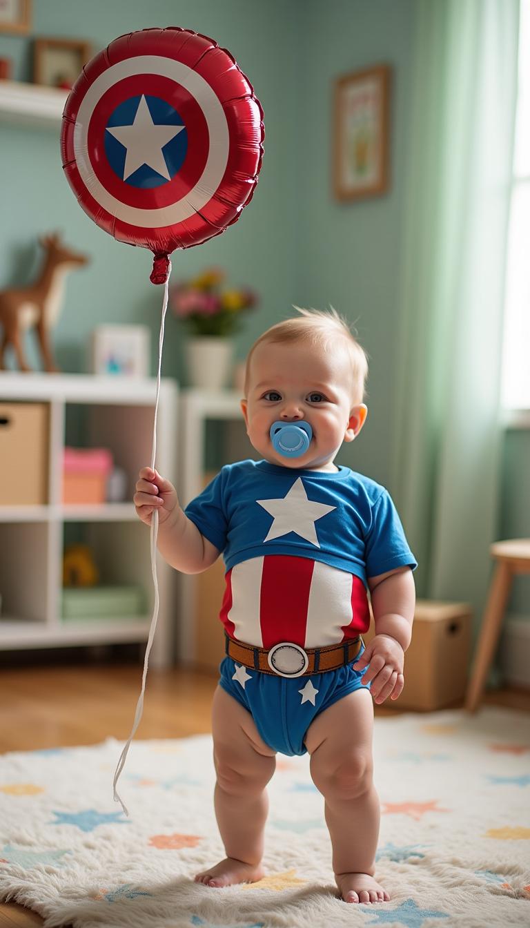A 1.5-year-old baby cosplaying as Captain America, holding a string connected to a floating Captain America's shield-shaped balloon. The baby is wearing a short-sleeve shirt styled like Captain America's costume, along with a diaper designed like Captain America's pants, featuring the iconic red, white, and blue colors with stars. The baby has a pacifier in their mouth and is smiling happily. The scene takes place in a cozy, warm children's room, filled with soft colors, playful toys, and a cheerful, inviting atmosphere.