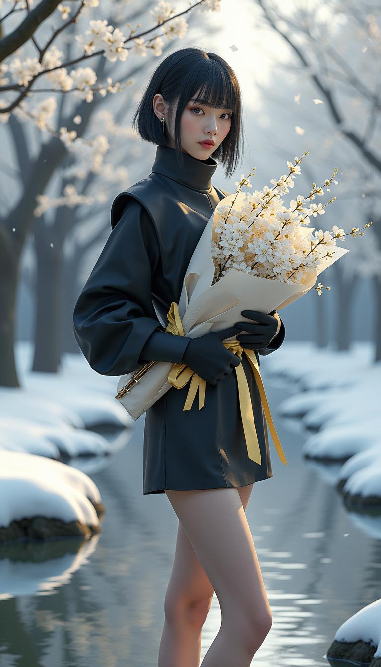 ultra realistic, ultra detail, 64K,fatima,Hand,VNS_Add more details, A 20-year-old beautiful woman dressed in ((futuristic:1.4)), stylish clothing with black and gray as the primary color tones. She wears a sleek short skirt, large padded shoulders, and has a sharp, modern hairstyle. She holds a delicate white plum blossom bouquet, wrapped in exquisite packaging paper and tied with a soft yellow satin ribbon. She stands gracefully on the surface of a small pond, surrounded by snow-covered edges. In the background, plum blossom trees are in full bloom, with soft white petals gently falling around her. The air is filled with floating ice crystals and snowflakes, creating a magical winter atmosphere. In the foreground, a blurred ice crystal floats delicately in the air, adding to the ethereal, futuristic ambiance of the scene. The combination of modern fashion, winter beauty, and delicate blossoms creates a serene, otherworldly atmosphere.