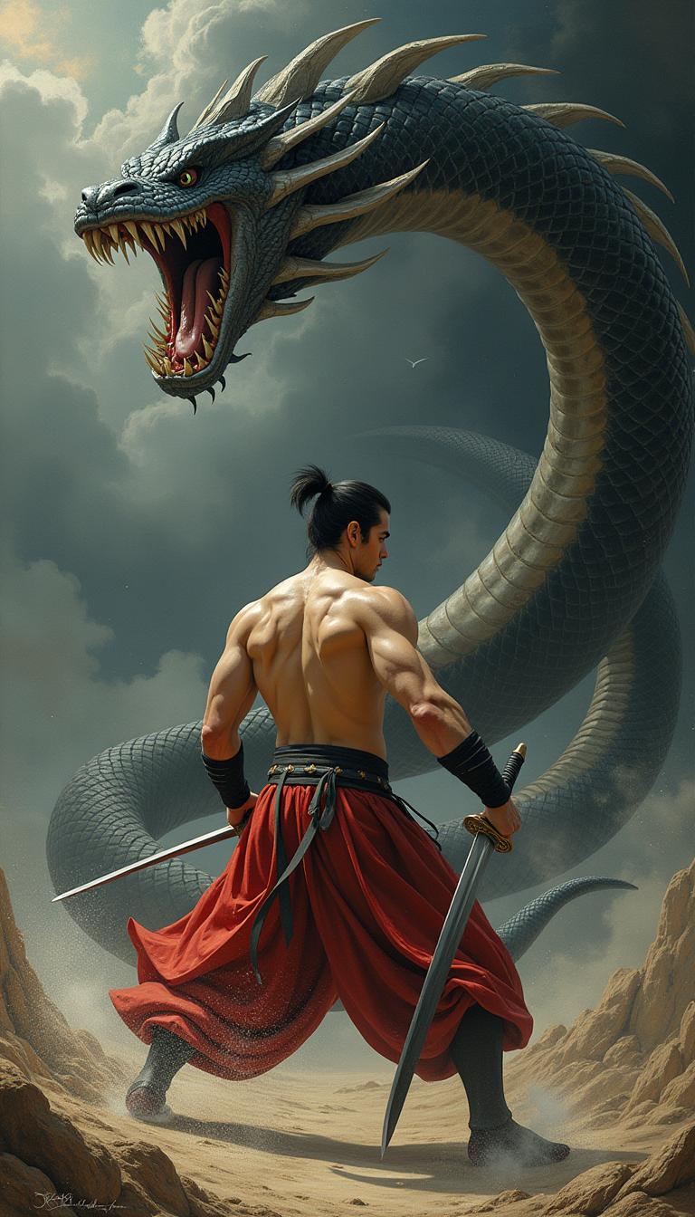 ultra realistic, ultra detail, 64K, swing sword, A dynamic scene in the style of Leonardo da Vinci, featuring a 20-year-old (handsome Japanese man), shirtless and wearing traditional Japanese hakama pants, holding a gleaming katana as he stands in a powerful combat stance. His muscular frame and confident expression embody strength and determination. In front of him is a fearsome, ((eight-headed serpent:1.4)), each head menacingly raised, with gaping mouths revealing sharp, terrifying fangs. The serpent’s scales glisten in dark, ominous hues, and its many coils create an imposing, intimidating presence. The background is dramatic, with swirling winds and dark clouds, reflecting the intensity of this mythical battle. The scene is captured in the intricate and realistic style of the Renaissance, with detailed anatomy and shading reminiscent of da Vinci’s masterpieces, focusing on the tension between the warrior and the monstrous serpent. (side view:1.2)