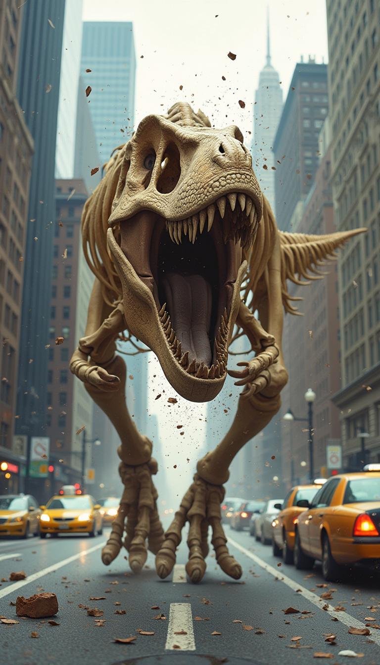 A fully skeletal T-Rex fossil charging toward the camera with its mouth wide open in an aggressive attack. The fossil is made entirely of bones, showcasing the detailed structure of the skull, ribcage, arm bones, leg bones, and tail. There is no skin, just raw, powerful bones. The fossil is mid-action, moving at high speed with intense dynamic energy. The scene takes place on a busy New York street, with skyscrapers in the background and cars scattering in panic. The T-Rex’s massive form looms over the city, its bones seeming to crack and shift as it lunges forward. The streets are in chaos, and debris from the surrounding environment is flying through the air, emphasizing the destructive power and momentum of the fossil’s movement.