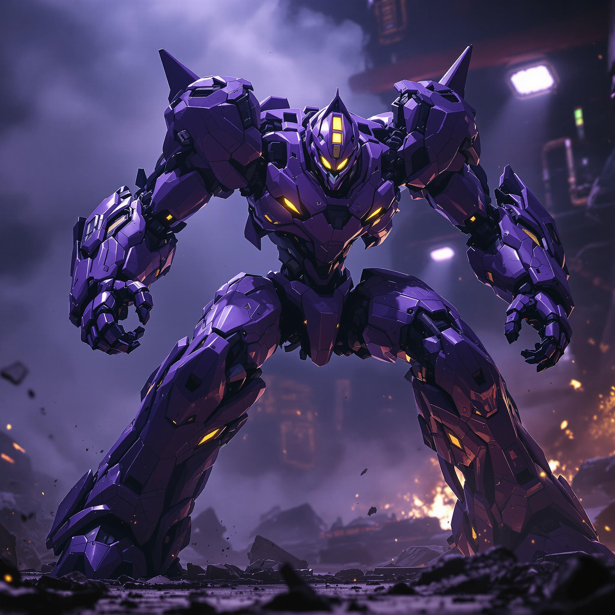 Capture an **Evangelion Unit-01** in a **dynamic fighting stance**, showcasing its **intense and aggressive posture**:

- **Visual Details**: 
  - The mech's armor should exhibit a **deep purple hue**, with **glowing yellow eyes** that pierce through the dim lighting of an **industrial setting**. 
  - **Textured surfaces** should highlight the **wear and tear** from previous battles, with **cracks, dents, and battle scars** visible across its frame.
  - **Steam and smoke** should be billowing from various joints and vents, creating a **foggy atmosphere** around the unit.

- **Style**: 
  - Employ a **cyberpunk aesthetic**, with **neon lighting** and **high-contrast shadows** to accentuate the dramatic scene. 
  - The **lighting should be harsh and directional**, casting deep shadows that emphasize the unit's **musculature** and **mechanical complexity**.

- **Composition**: 
  - Position the **Evangelion Unit-01** at a **dramatic angle**, with its **left leg forward** and **right arm pulled back**, ready to strike. 
  - The camera should be **slightly below eye level** to give the unit a **towering, menacing presence**.
  - Frame the scene to include **debris and remnants of battle** in the foreground and background, adding depth and context to the fight.

- **Mood and Atmosphere**: 
  - The **mood should be tense and electric**, with the **atmosphere filled with the echoes of battle**, suggesting an ongoing conflict. 
  - Use **low-key lighting** to create a **mysterious and ominous ambiance**, with **flickering lights** from nearby machinery or explosions.

- **Technical Aspects**: 
  - Utilize **depth of field** to keep the **Evangelion** in sharp focus while the background blurs, drawing attention to the unit's **readiness for combat**.
  - Employ **motion blur** to capture the **speed and agility** of the unit's movement, enhancing the sense of action.

This prompt should create a visually compelling image of **Evangelion Unit-01** that captures its **iconic, aggressive stance** within a **believable, high-stakes battle environment**.