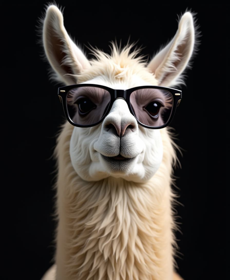 an image of a funny smiling llama wearing semi-transparent sunglasses, black transparent background