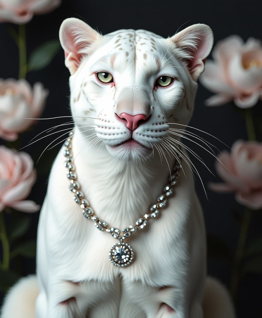 A beautiful white panther wearing diamond necklaces, set against a black and white background with peonies, in a cinematic style, photographed in the style of David LaChapelle.