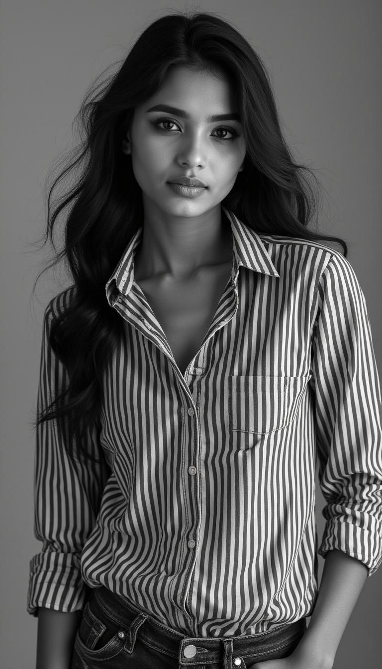 Black-and-white photograph of an Indian woman wearing a striped shirt, in a standing pose with an upper-body shot, captured in a professional studio setting with soft-box lighting, resulting in a grainy texture. This image appears to be a fashion magazine cover shoot, with the title "SHE" written in bold letters at the top. 