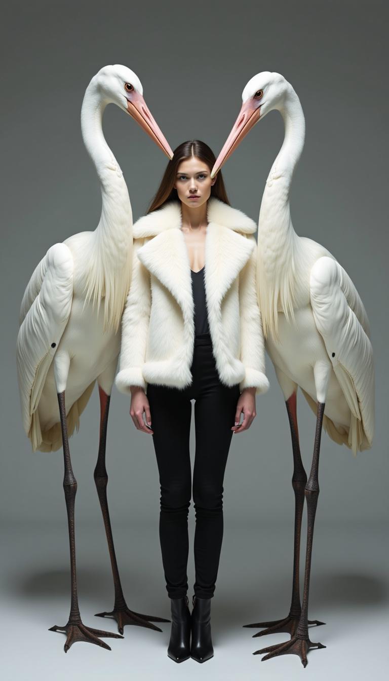 A woman model wearing black pants and a white fur coat is standing between two giant herons with long necks, in the style of Iris van Herpen. The setting has a gray background. 