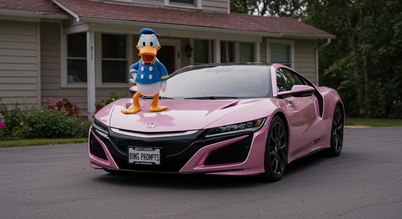 Create image: 2021 new Honda NSX in metallic pink & white in a 1950' HOUSE driveway, Disney pixar BIG DAFFY DUCK sitting on the hood.. license plate reads "BING PROMPTS"