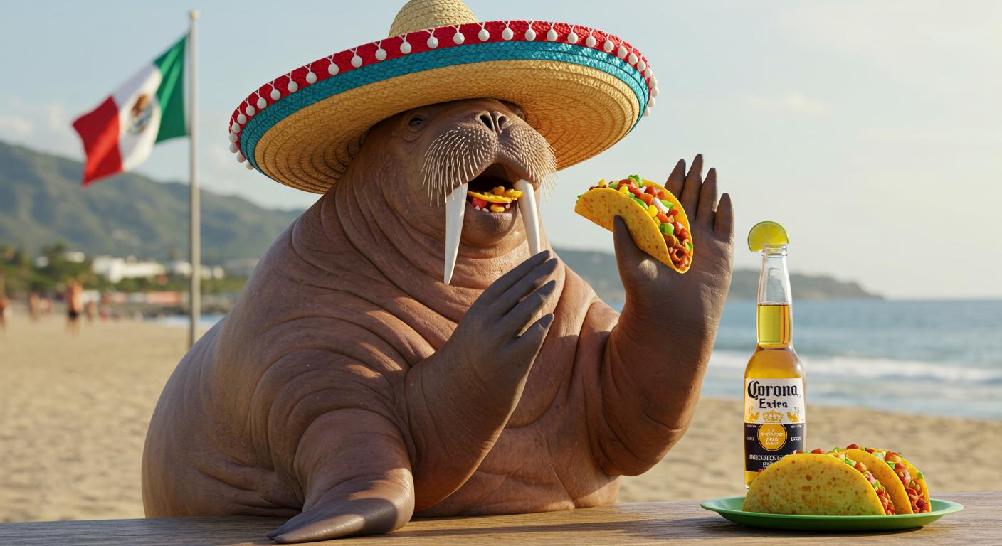 Create photo of fat female walrus big flippers claping wearing Sombrero drinking Corona beers eating tacos 🌮 puxar background mexico flag on pole