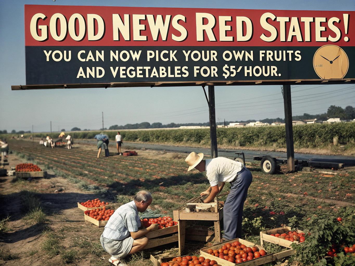 Create a hyper-realistic 1950's style billboard that reads "GOOD NEWS RED STATES!
YOU CAN NOW PICK YOUR OWN FRUITS AND VEGETABLES in the
BLAZING HOT SUN FOR
$5/HOUR." very colorful correct spelling In the background below the billboard sign, field of agriculture and full of many lots of people picking tomatoes crops on the blazing hot sun show the sun very hot, with hundreds of people bent over picking crops, show lots of people picking crops