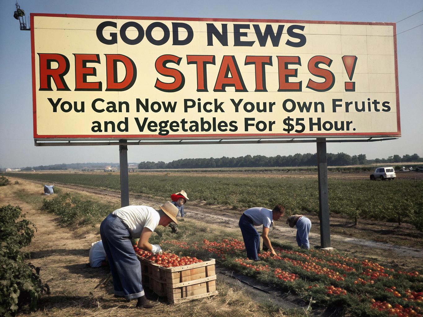 Create a hyper-realistic 1950's style billboard that reads "GOOD NEWS RED STATES!
YOU CAN NOW PICK YOUR OWN FRUITS AND VEGETABLES in the
BLAZING HOT SUN FOR
$5/HOUR." very colorful correct spelling In the background below the billboard sign, field of agriculture and full of many lots of people picking tomatoes crops on the blazing hot sun show the sun very hot, with hundreds of people bent over picking crops, show lots of people picking crops