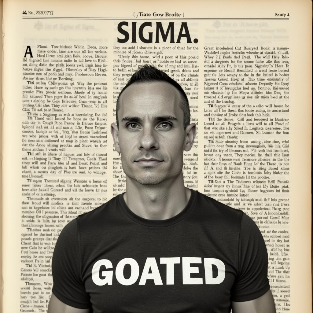 A photo of a dictionary page with a heading that reads “SIGMA” under the heading a portrait photo of BLOVE man with short hair, wearing a shirt that says “GOATED”