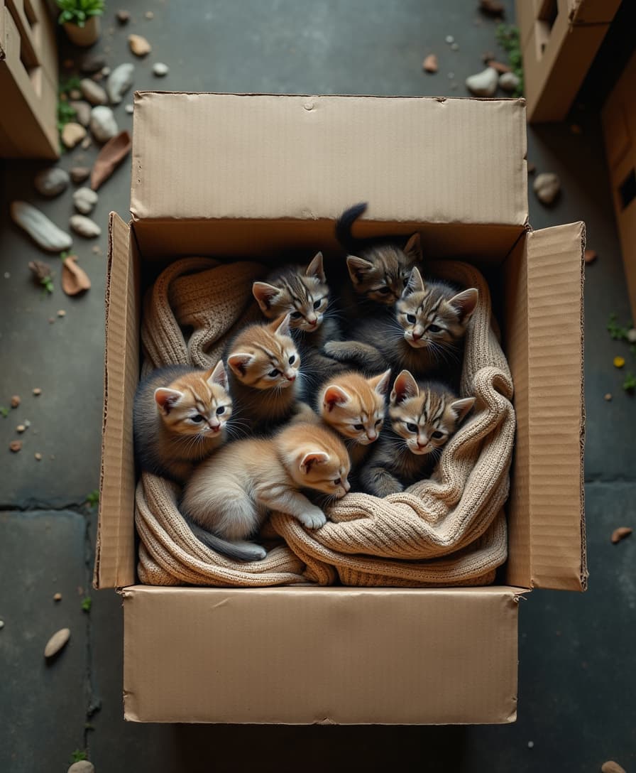 A top-down view of a cardboard box, inside which lies an old sweater. many adorable kittens are playfully nestled on top of the sweater. The scene is set in a small alley, with a rustic and cozy atmosphere, surrounded by the soft glow of the environment. The box and kittens add a sense of warmth and innocence to the alleyway setting