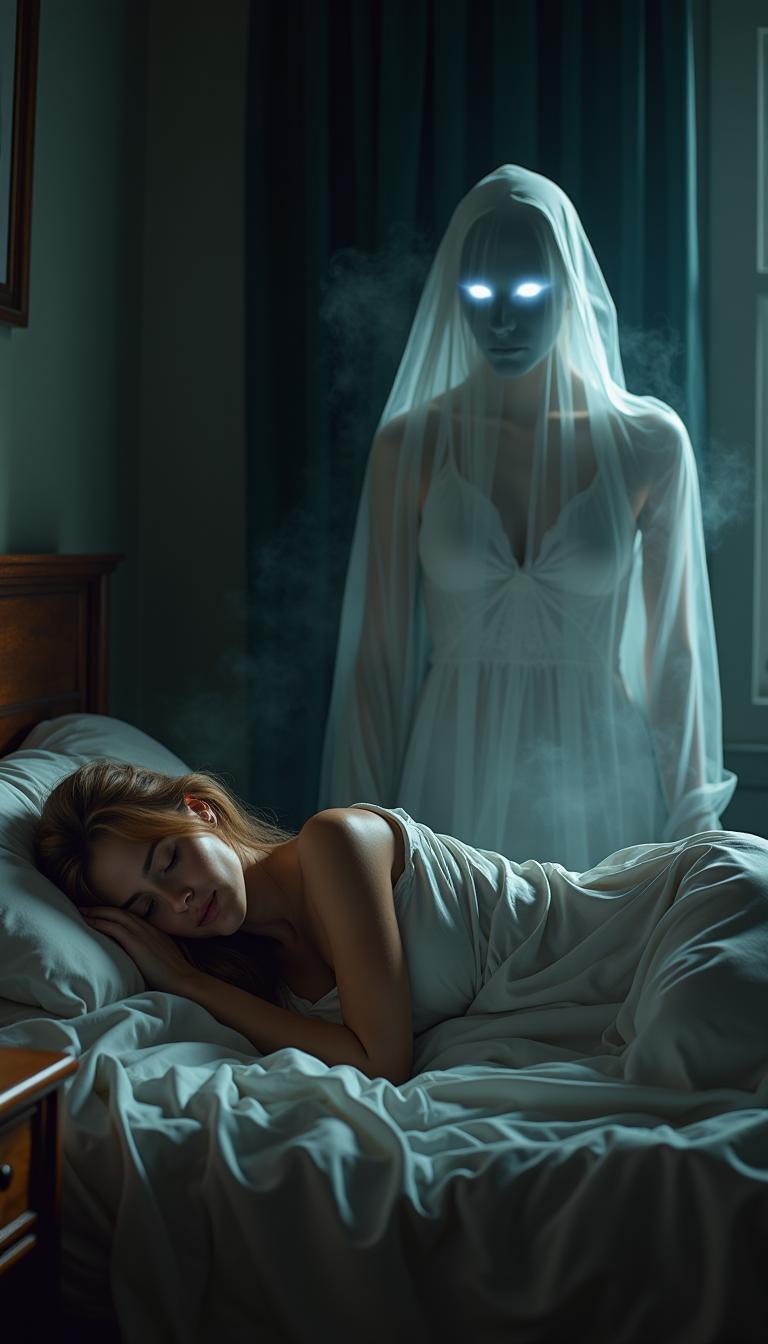 A beautiful woman peacefully sleeping in her bedroom, lying on a cozy bed with soft sheets. The room is dimly lit, with warm tones and comfortable decor. In the shadows, a spectral figure, a ghostly specter, hovers silently, its glowing eyes fixated on the woman. The specter has an eerie, translucent appearance, with wisps of smoke-like tendrils floating around it. The atmosphere is both serene and unsettling, as the specter watches over the sleeping woman in the quiet darkness of the room.