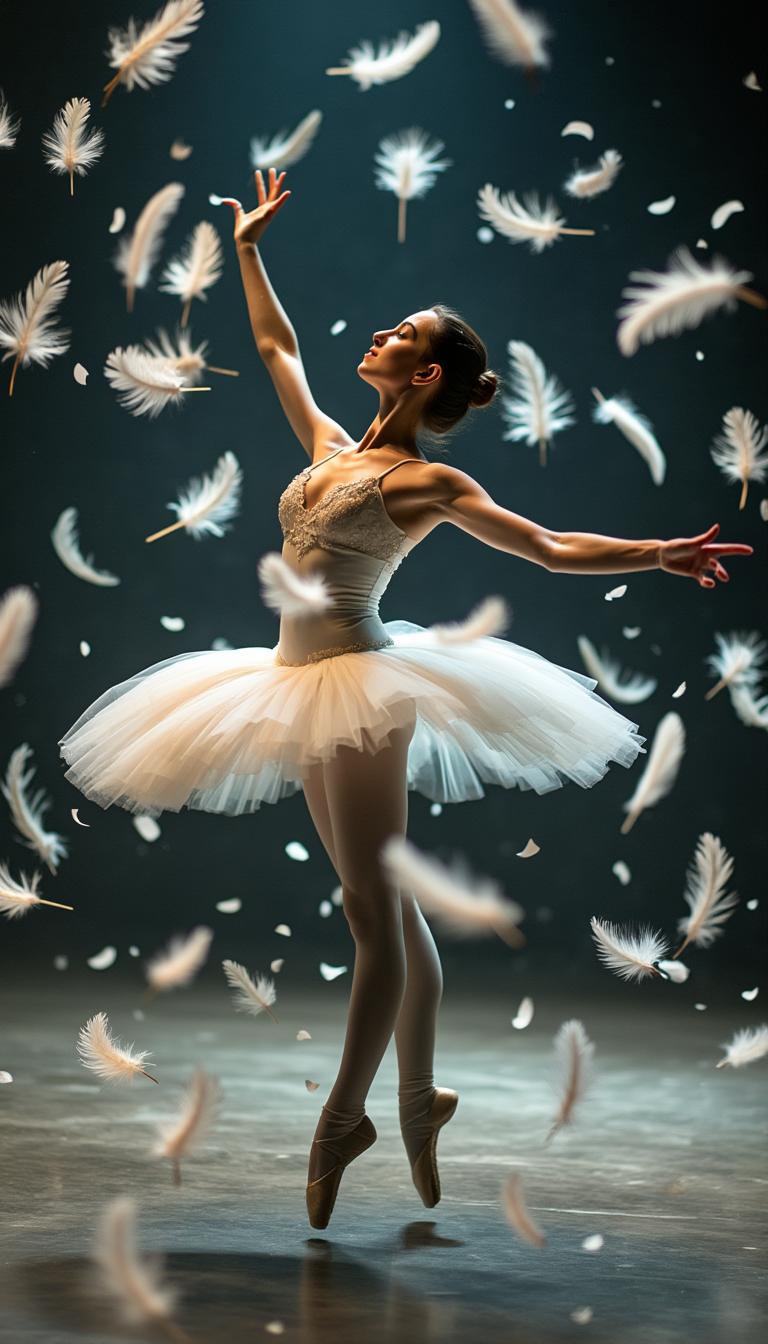 A beautiful 20-year-old ballerina performing Swan Lake on stage, gracefully dancing with elegance and poise. She wears a stunning white tutu, her posture perfect as she spins and leaps in mid-air. Surrounding her, numerous white feathers float around her, drifting gently and expanding outward as if caught in the flow of her movement. Some of the feathers blur in the foreground, creating a sense of motion and ethereal beauty. The stage is dimly lit with soft, warm lighting that highlights the ballerina’s delicate form, while the background remains dark, emphasizing the dreamy, magical atmosphere. The scene captures the elegance of ballet combined with the surreal imagery of the feathers, evoking a sense of grace and transformation.