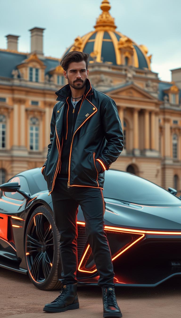 A stylish handsome man with a fashionable look featuring subtle cyberpunk elements in his outfit, such as neon accents, sleek materials, and futuristic details. He stands confidently next to a cyberpunk supercar, which boasts glowing neon lines, sharp angles, and high-tech features. In the background, the grand Palace of Versailles provides a stunning contrast with its classical architecture, enhancing the fusion of modern cyberpunk aesthetics with the historic elegance of Paris. The scene captures a unique blend of high fashion, advanced technology, and opulent surroundings.