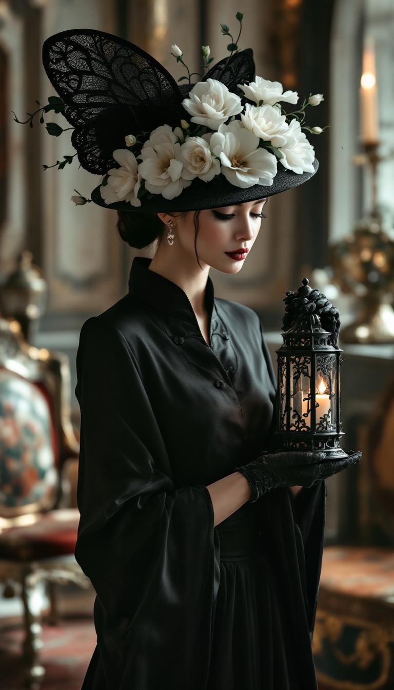 ((ultra realistic)), ((ultra detail)), 64K,Hand, A beautiful woman wearing an elegant black outfit with (white rim), accessorized with an asymmetrical black butterfly hat adorned with (many white camellias). She is holding a finely crafted black wrought-iron lantern, intricately carved with ((white camellias)), with a flickering candlelight inside. She is searching for something in a Renaissance-style room, filled with antique furniture and classic architectural elements.