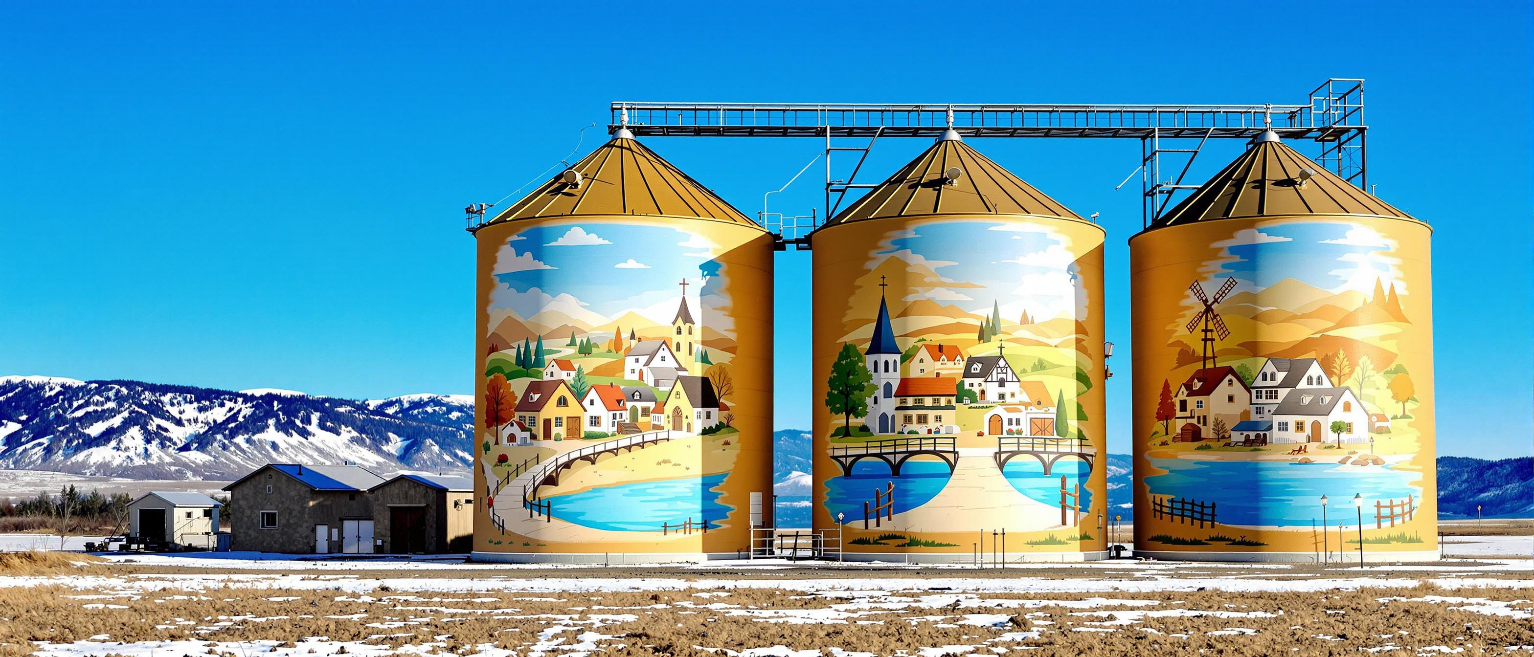 This image captures a striking and unusual sight a quartet of grain silos painted with a mural that depicts a charming, pastoral scene. The silos are painted in a warm, golden hue, which contrasts with the cool blues and earth tones of the mural.The mural is a picturesque representation of a quaint village, complete with quaint houses, a church, a windmill, and a bridge over a body of water. The scene is rendered in a realistic style, with attention to detail and a sense of depth that brings the village to life. The colors are soft and muted, with a harmonious blend of earthy browns, soft blues, and warm yellows and oranges.The silos themselves are cylindrical in shape, with conical tops. They are painted in a uniform golden color, which stands out against the clear blue sky. The silos are connected by a metal walkway that runs horizontally across the top, providing access for maintenance or inspection.In the foreground, the landscape is barren and flat, with patches of snow indicating that the season might be winter or early spring. Sparse vegetation dots the landscape, and in the distance, a mountain range can be seen, adding to the rural and isolated feel of the scene.Overall, the image is a blend of industrial and artistic elements, creating a unique and visually compelling tableau that juxtaposes the mundane with the beautiful.
