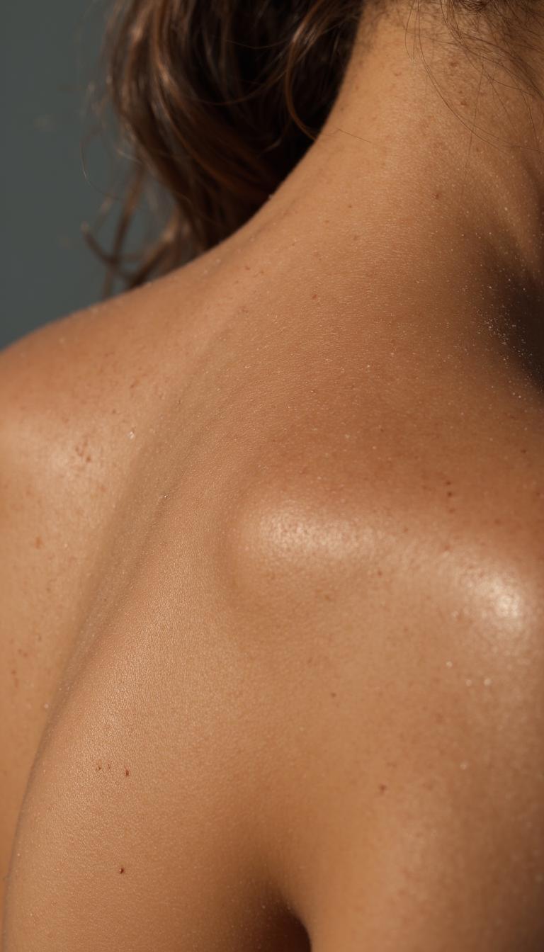 aidmarealisticskin, front view, a high-resolution macro photograph of a woman's bare shoulder, showing the intricate texture of her skin. The faintest peach fuzz catches the light, while tiny beads of water cling to her glowing, sun-kissed complexion. A scattering of freckles and a slight tan line add character and a natural feel to the composition. The background is softly blurred, keeping the focus on the delicate beauty of her skin and the way it interacts with the light. , aidmarealisticskin