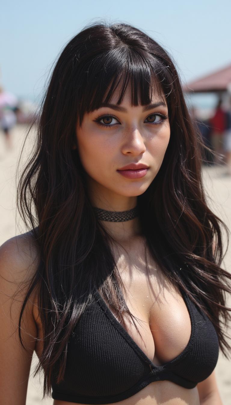 aidmarealisticskin, mggs2, full body shot, a metal girl, wearing a metal girl outfit, in a beach concert, full body shot, ultra realistic, ultra detailed, ultra quality