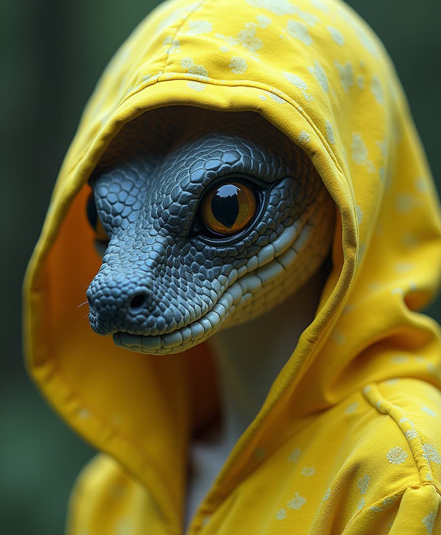 Surreal and Hyperdetailed flat color in translucent Neon Yellow and Grey White hues, cinematic lighting, insane details, A high-resolution closeup Portrait of a faceless ethereal warrior, a Hooded cute snake figur with an black shiny polished cute snake head, cute snake