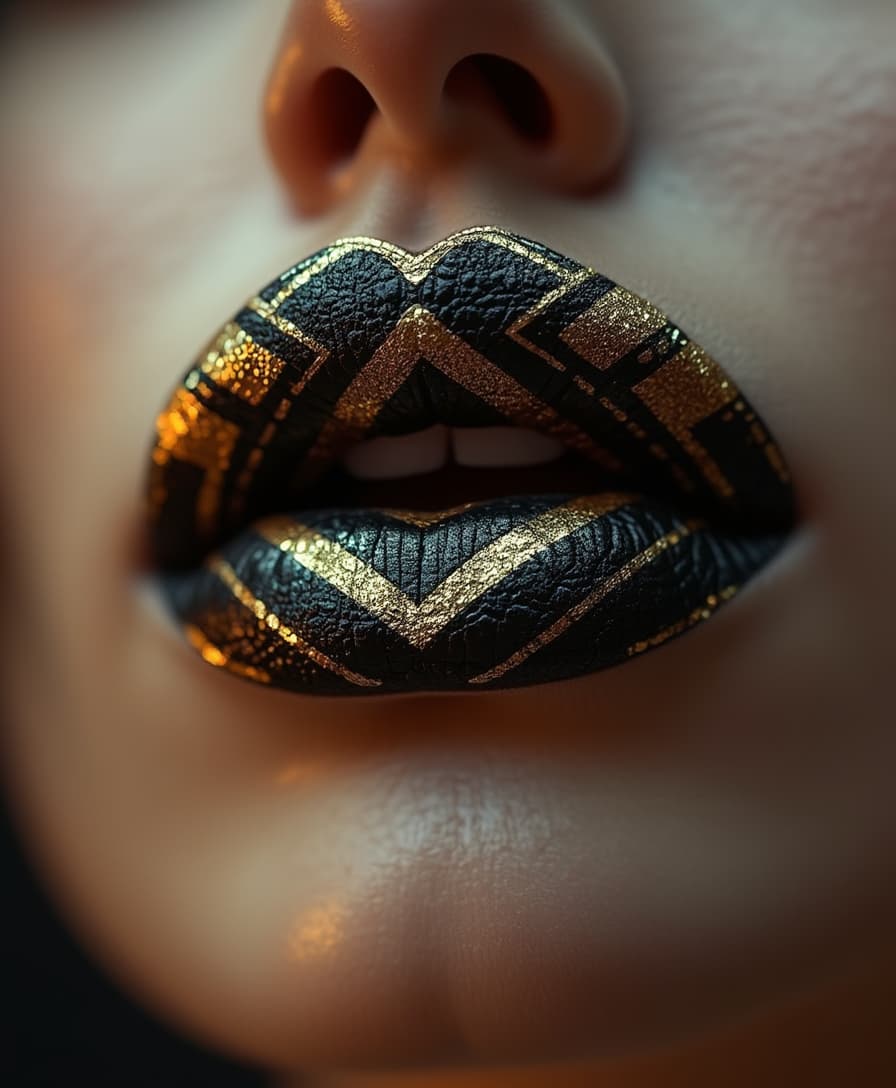 This is a high-resolution photograph. A hyper-realistic full-frontal view of lips inspired by Art Deco design from the 1920s. The lips have a mate black base with bold gold geometric patterns, featuring sharp angles and elegant symmetry. The design reflects the luxurious and structured aesthetic of the Gatsby era, incorporating diamond-like textures and metallic gold foiling. Ultra-detailed, cinematic lighting, macro photography, high-fashion editorial aesthetics. No full face, only lips in center focus.
