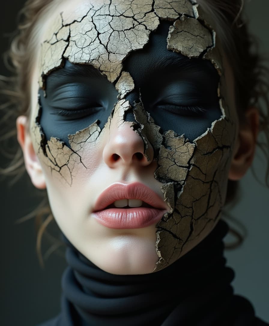 A conceptual, close-up photograph portrays a woman's face partially covered by a layer of meticulously crafted, cracked and peeling makeup or prosthetic material, resembling aged, fragmented stone or dried paint, creating a striking, textural effect. The woman's visible features include a small, delicate nose and full, slightly parted lips with a natural, pale pink color and a subtle, glossy sheen, suggesting a hint of lip balm or moisture. The eyes are completely concealed beneath thick, opaque black material applied to the cracked surface, creating deep, unsettling voids where the eyes should be. The visible skin is fair and smooth, but with carefully applied makeup to mimic fine cracks and lines, blending seamlessly with the texture of the artificial surface. The woman is wearing a high-necked, dark, almost black garment that covers the lower portion of her neck and blends into the shadows, The body pose is tilted a little. The lighting is soft and even, likely from diffused studio lights, creating subtle shadows that emphasize the depth and texture of the cracked material and the contours of the woman's face, without harsh highlights or deep shadows., 