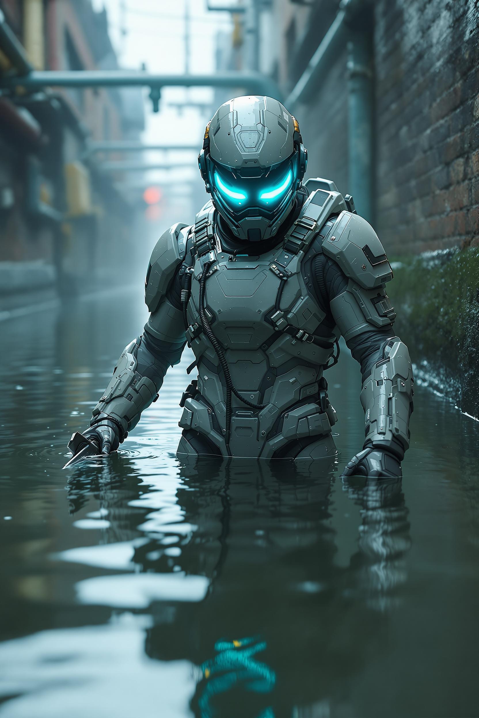 a figure in an ultra-detailed tactical suit, immersed waist-deep in the murky water of the canal. The suit is smooth and shiny with numerous connectors and cables. The helmet is equipped with pale blue glowing goggles, the light of which is reflected in the water. The water surface is rendered extremely realistically - you can see small waves and reflections of the surroundings. The omnipresent moisture covers the pipes and walls of the canal. the figure has a knife and in the distance. hd 8k. surreal ultra-detailed