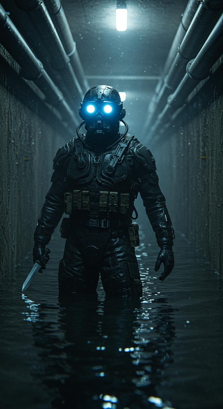 a figure in an ultra-detailed tactical suit, immersed waist-deep in the murky water of the canal. The suit is smooth and shiny with numerous connectors and cables. The helmet is equipped with pale blue glowing goggles, the light of which is reflected in the water. The water surface is rendered extremely realistically - you can see small waves and reflections of the surroundings. The omnipresent moisture covers the pipes and walls of the canal. the figure has a knife and in the distance. hd 8k. surreal ultra-detailed