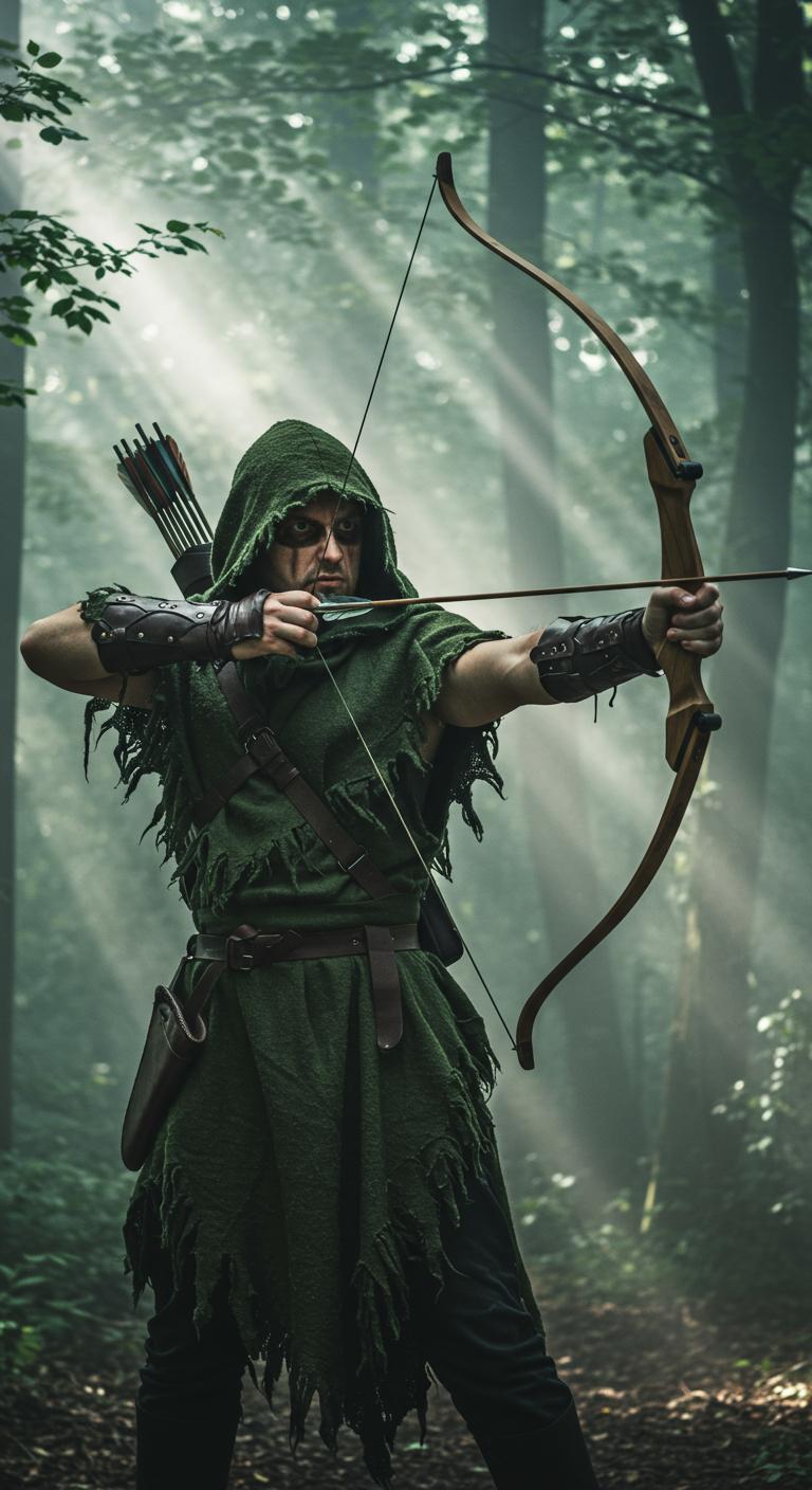 In the misty forest - stands in the foreground - an archer in a green, frayed cloak and hood - aims with an electronic bow. His Indian face - painted white - is covered with a dark stripe. His gaze has a crazy and fierce expression on his face. The outfit is full of details: leather protectors, textured gloves and a quiver of arrows. Rays of light pierce through the trees, creating a mystical atmosphere - oil paints ultra-detail hd 8k