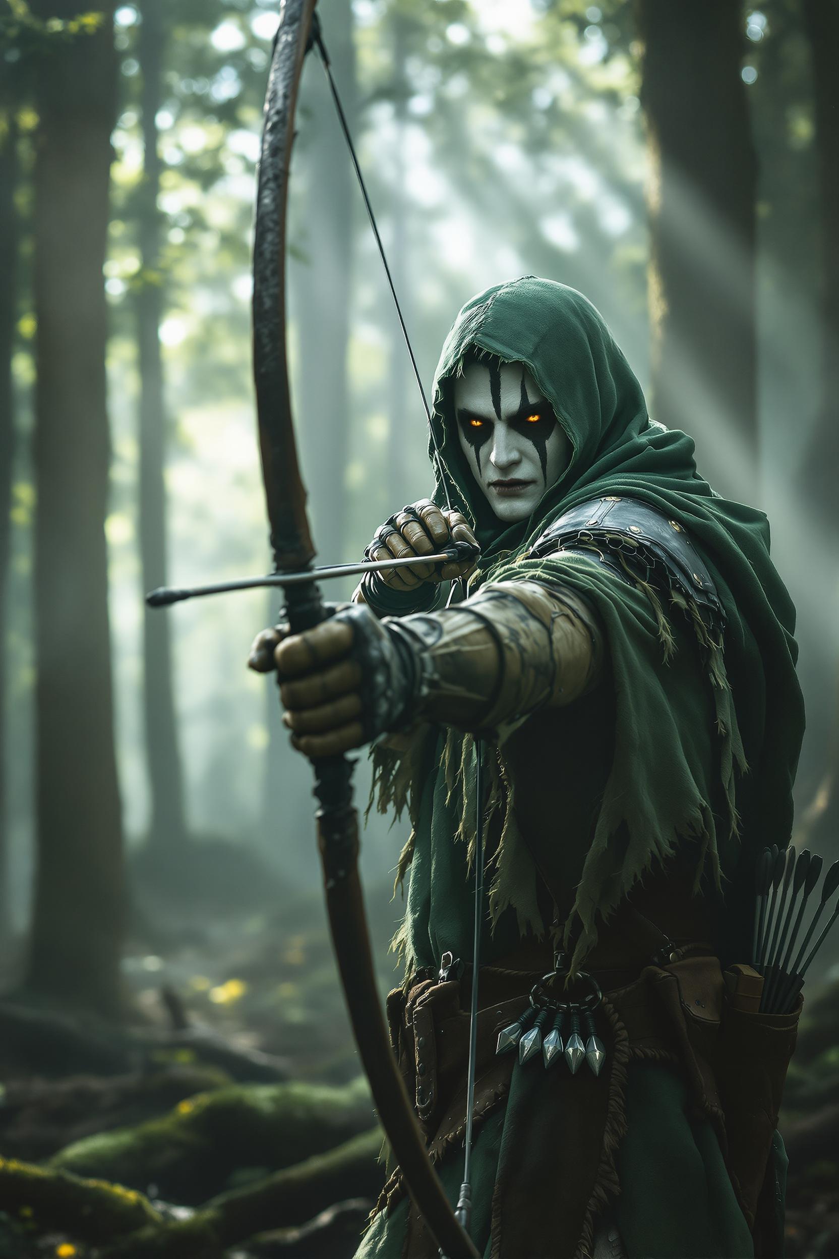 In the misty forest - stands in the foreground - an archer in a green, frayed cloak and hood - aims with an electronic bow. His Indian face - painted white - is covered with a dark stripe. His gaze has a crazy and fierce expression on his face. The outfit is full of details: leather protectors, textured gloves and a quiver of arrows. Rays of light pierce through the trees, creating a mystical atmosphere - oil paints ultra-detail hd 8k