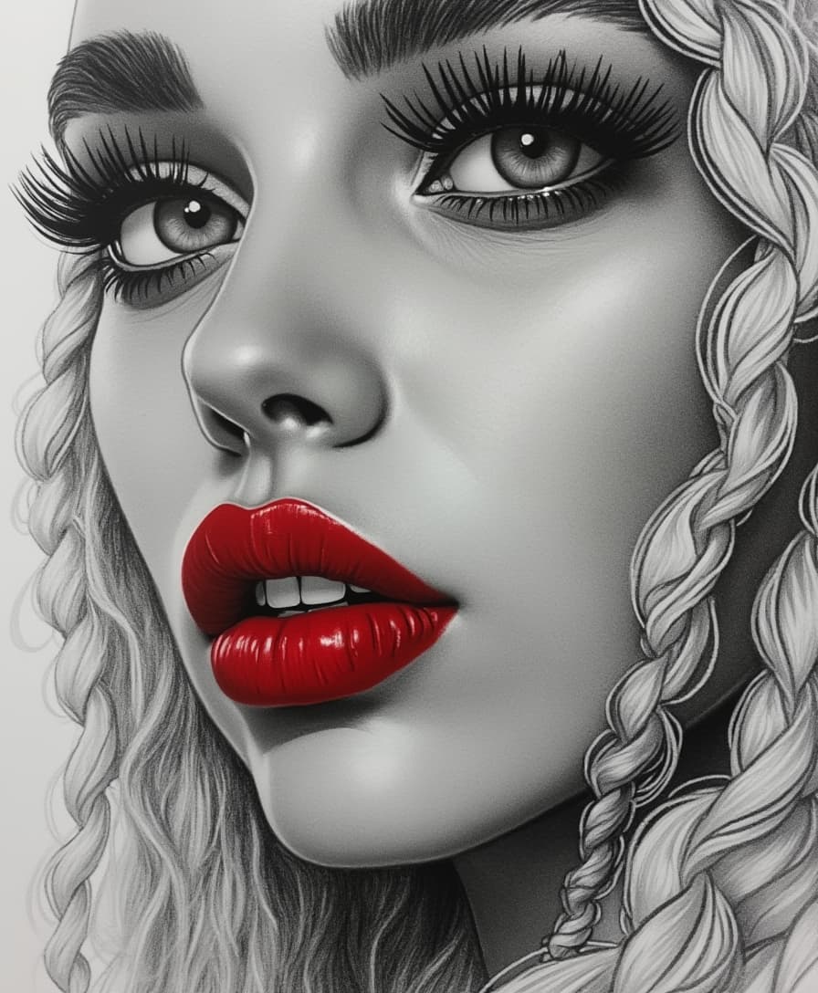black and white sketch in simple pencil, close-up portrait, chic, beautiful, long white hair in lush braids, red lips, long black eyelashes, bright gray-blue eyes, eye detail, clarity, vivid colors, chiaroscuro lighting, intricate details, hyper-detailed, hyper-realistic, professional photoshoot