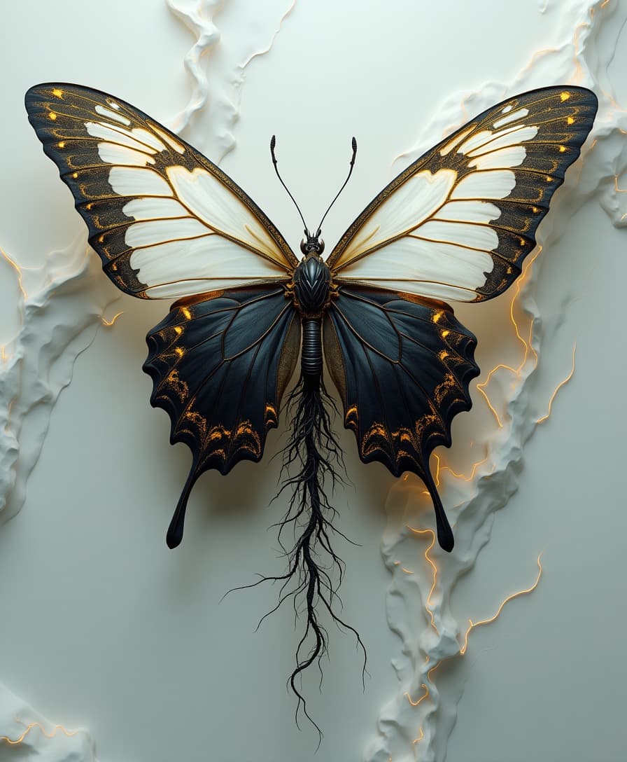 A hyper-detailed, biomechanical butterfly with wings that appear almost porcelain-like, transitioning from a pure, ghostly white at the center to inky black at the tips, adorned with fine, golden veins that glow faintly. The insect’s thorax and lower body morph into an intricate mass of elongated, sinewy tendrils resembling neural pathways or delicate roots, cascading downward into an abyss of darkness. The background consists of an ethereal, almost liquid expanse of swirling white and gray textures, resembling flowing marble or organic tissue, infused with an enigmatic, glowing energy. The butterfly exudes an eerie yet mesmerizing presence, as if it is a celestial being suspended between worlds, both fragile and powerful in its surreal elegance.