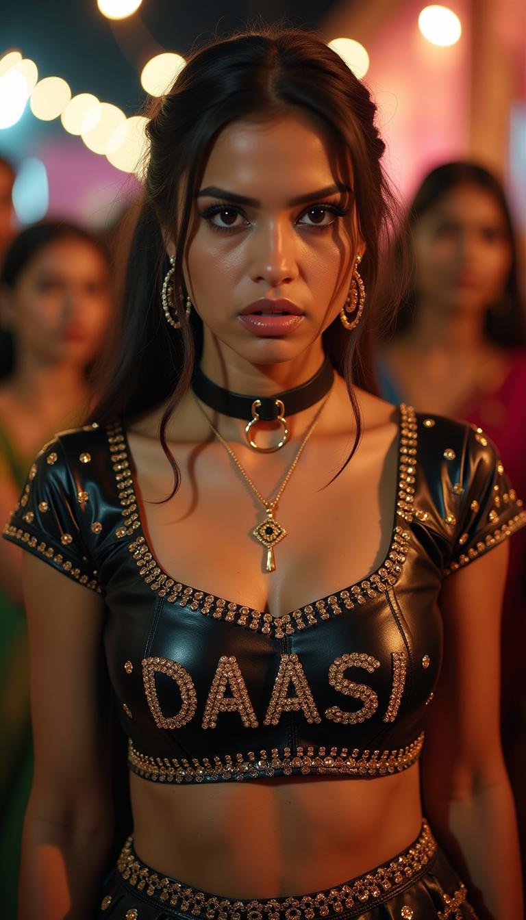 night-time photo of a de51 light woman, wearing black and gold leather ghagra choli. Text "DAASI" is written out in sequins on her choli. Leather choker with D-ring in neck. Her expression is angry with her mouth slightly open. bokeh of colorful Indian wedding, the woman is out of place as others in background bokeh are dressed in more traditional light colored fabric Indian clothing 
