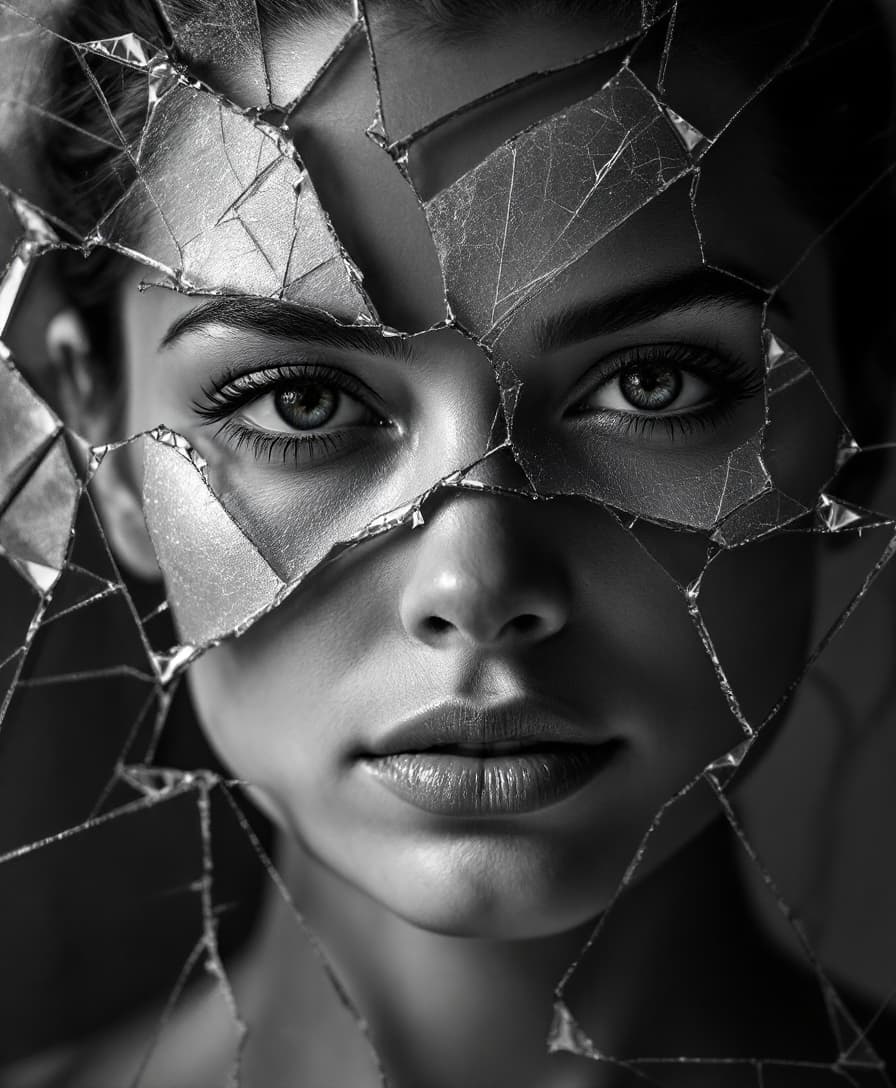 A close-up, black and white, artistic rendering presents a fragmented portrait of a woman's face, overlaid with what appears to be shattered glass or a similar fractured pattern. The image utilizes a high-contrast, grayscale palette, emphasizing the stark lines and sharp edges of the cracks that obscure and dissect the facial features. The woman's eyes are visible through the gaps in the fractured pattern, looking outwards with a sense of intensity or vulnerability, her eyebrows are well-defined, and the bridge of her nose and her full lips, slightly parted, are also discernible, adding to the human element beneath the abstract overlay. The body pose is facing directly forward, almost confronting the viewer, although the fractured effect gives a sense of disconnection or internal turmoil, the fragments are of irregular shapes and various sizes, creating a dynamic, chaotic composition across the woman's face. The lighting is dramatic, with bright highlights on the edges of the 'cracks' and deep shadows within, enhancing the three-dimensional effect of the overlay and the underlying features.