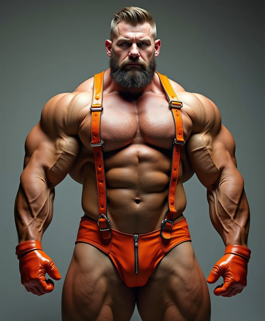 maxxbull. perfection style.aidmarealisticskin.
Ultra-detailed, hyper-resolution masterpiece studio extreme wide shot. A side-angled view of an ultra-obese, muscular bodybuilder with a taper fade haircut and a neatly trimmed stubble. He exudes strength and dominance, clad in striking orange leather attireâa harness accentuating his immense chest, orange leather thong with a vertical zip at crotch, and matching orange gloves. His exaggerated physique showcases enormous arms, a broad chest, and thick, powerful legs. His expression is serious and commanding, adding to his imposing presence. The background is gritter silver and white giant annual tree ring pattern, sophisticated tones to enhance the dramatic lighting and atmosphere.
