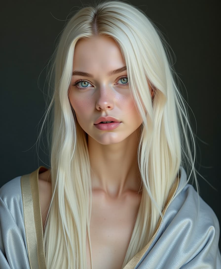 A close-up portrait of a woman with fair skin and long, straight, platinum blonde hair. Her eyes are a light, icy blue, and her lips are a naturally pale pink. Her skin has subtle freckles and a natural, healthy glow. Her hair is partially covered by a draped garment; the fabric is a luxurious, silky material in a light gray-blue, with subtle iridescent shimmer that appears to be woven into the textile. A band of gold satin or silk ribbon edges the garment. The background is a dark, undefined neutral tone. The lighting is soft and natural, illuminating her features evenly. Body pose: The woman is facing directly toward the viewer, her head and upper body visible; her expression is calm and peaceful; the fabric gently drapes over her shoulders and neckline. The realism in the rendering is focused on the natural textures of her skin, hair, and the fabric's subtle sheen and folds.