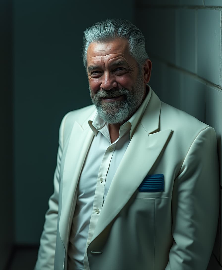 A cinematic high-fashion character portrait with soft box light, shot with a 35mm lens. The subject is a Caucasian man in his mid-50s, the head of a special unit managing the shelter and its shadowy overseer. He sports a thick, graying beard and short gray hair slicked back to the right in a classic style, with equally thick gray eyebrows framing a face etched with wrinkles that hold an expression of indignation hidden behind a broad smile. Though his height is below average, his broad shoulders and fuller build exude a commanding presence. He is dressed in a sleek, white matte, form-fitting jumpsuit overlaid by a classic white jacket adorned with a blue rectangular patch near the right pocket. The lighting is dramatic yet balanced, highlighting the textures of his features and attire, with cinematic color grading that reinforces a mood of controlled intensity and enigmatic authority 