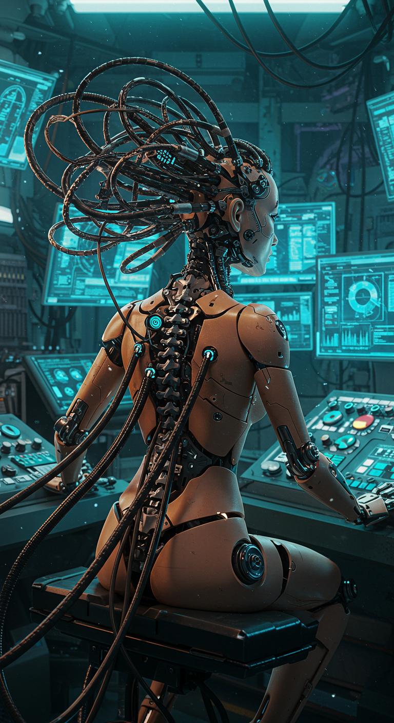 Synthetic Deity

Refined from the prompt by Francesco Bianco.

In a detailed cyberpunk setting, a female android with mechanical limbs and intertwined cables sits in a tech-dense environment. Her back reveals a spine fused with metallic components, and her hair, braided with organic and electronic elements, adds to the intricate design. She's surrounded by screens and control panels emitting a soft blue glow, highlighting the fusion of human and machine in this futuristic world.

Microsoft Bing | Image Creator
