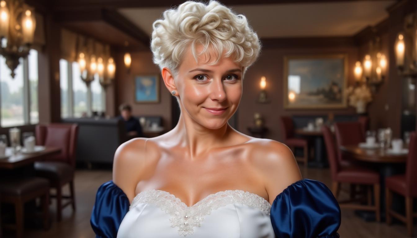TOKVanessaMO2, A smiling woman with short, supershort curly platinum blonde hair with razor short undercut on nape and over ears and permed curls on the top of the head, poses against a restaurant as background. She wears an elegant off-shoulder gown with a white bodice and puffed navy sleeves, featuring intricate lace detailing at the neckline. Her bright blue eyes and subtle makeup enhance her cheerful expression.