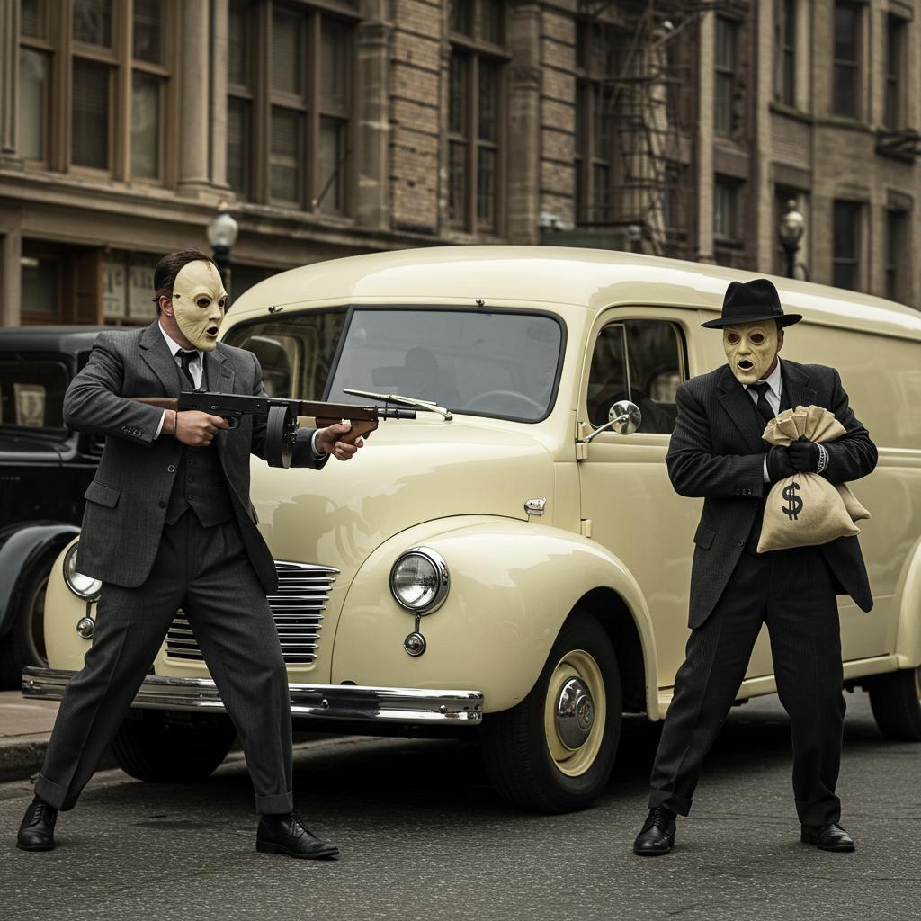 movie poster style: Two gangsters in Chicago 30s masks stop a rounded, cream-colored, high-gloss cash van. They wear black and gray suits, white eye masks, and spats. One aims a tommy gun, the other grabs bags of cash. Dynamic scene, in daylight, against the background of a street with classic architecture and old cars. Style - photographic-comic oil paints ultra-detailed 8k hd dynamic.