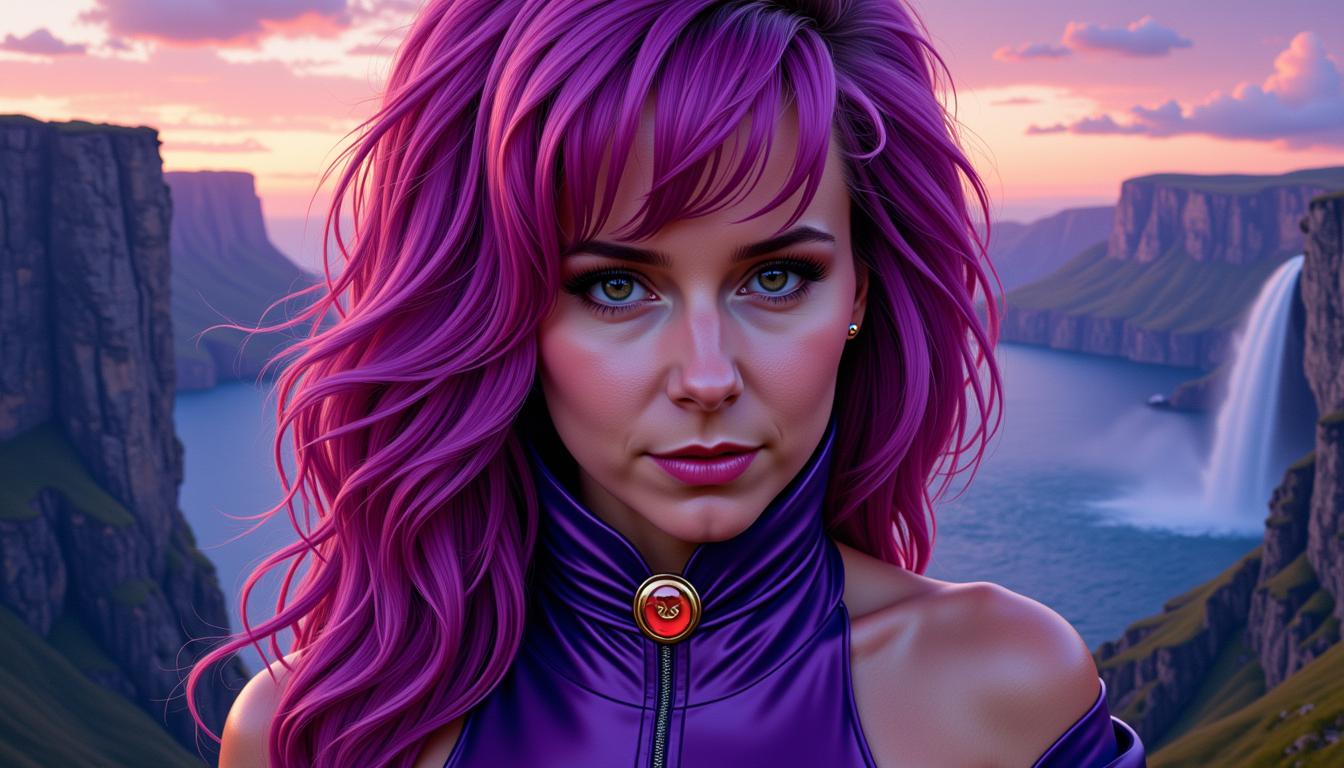 VS-LoRA-Zip2, VS-LoRA-Zip2, Amazing oil upper portrait of comic character  Kitty Pryde,  beautiful face and aura, stunning hero dress, looking at you, perfect centered, amazing sharp view to a landscape with rocks and waterfalls on the horizon as background, twilight mood, ultra realistic detail, choker style colar, detailed face, magic fantasy, wow effect, sticker, 2d cute, fantasy, dreamy, by Tim Burton, professional, sleek, modern, minimalist, graphic, line art,