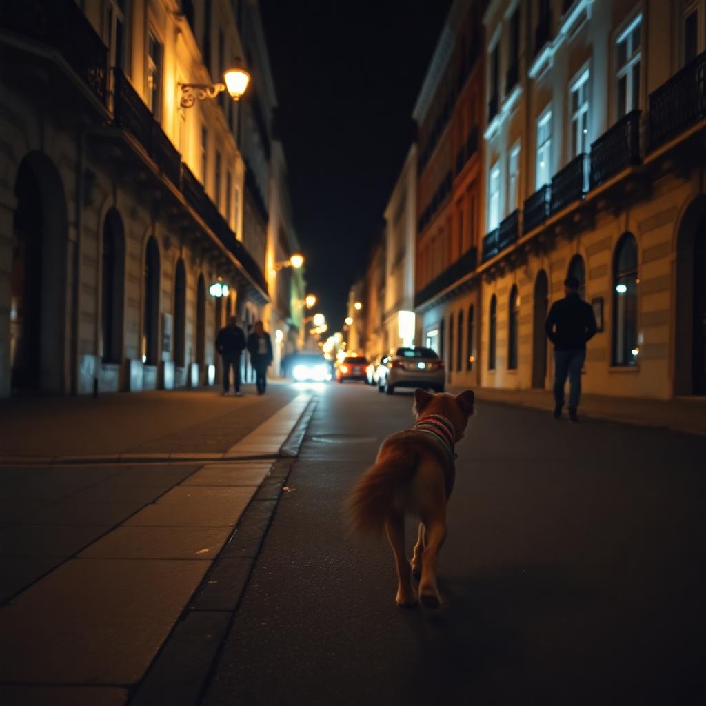 A dog walks the streets of Lisbon at night