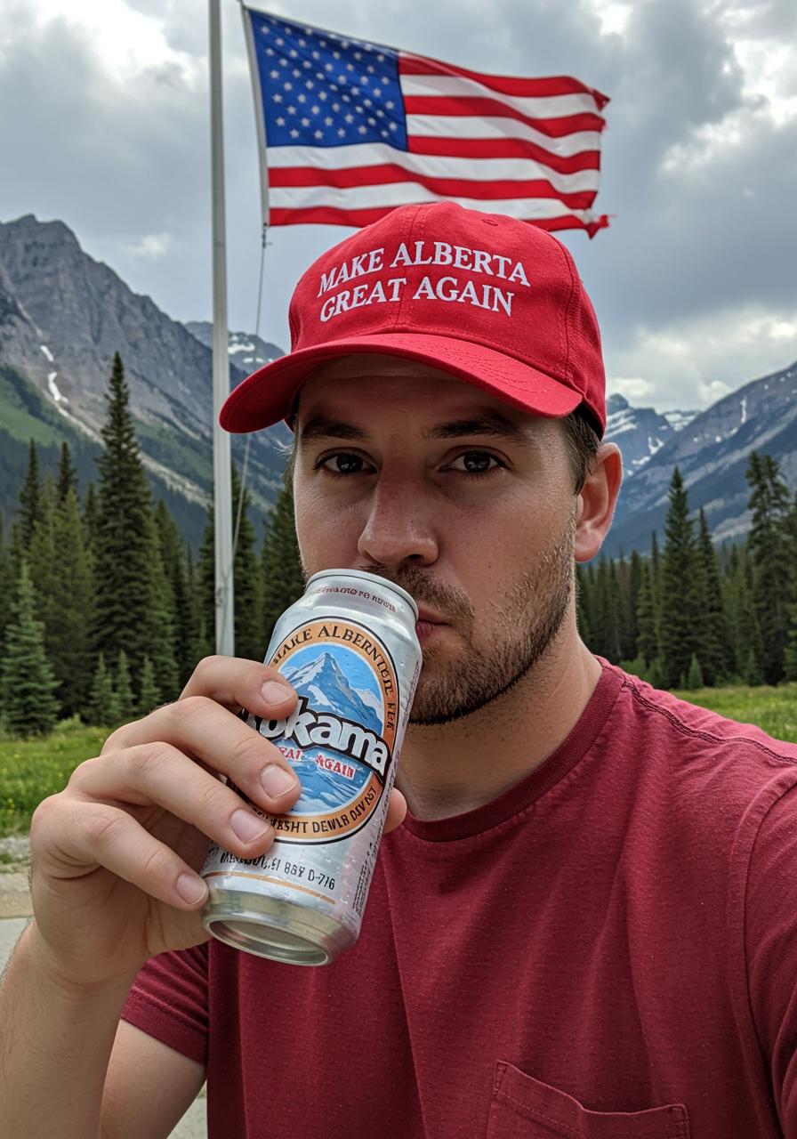 Create an photo of a guy. Looking at viewer  drinking a Kokanee Beer wearing a red hat that reads "MAKE ALBERTA GREAT AGAIN"

Background Canadian rockies one us flag on a pole