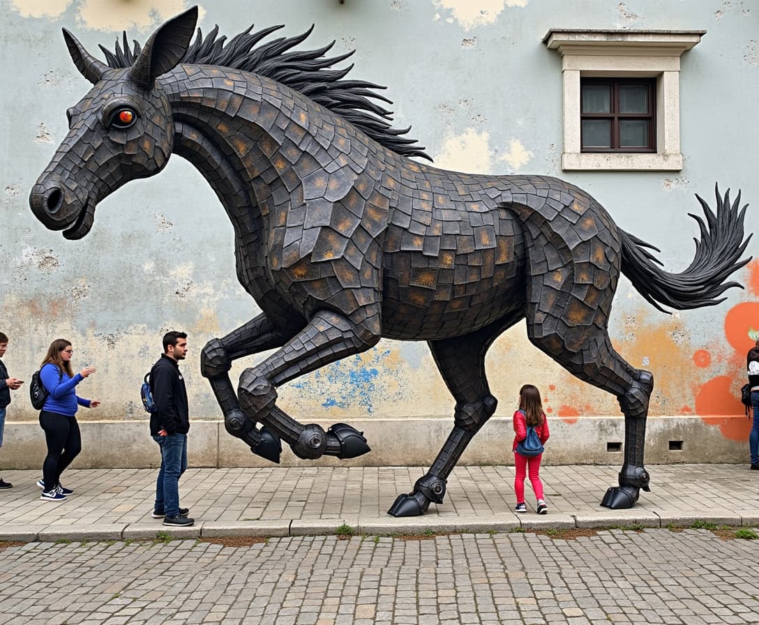 A mural transforms into a living metal animal. It leaps from the wall and walks among the people in the streets of Lisbon. 