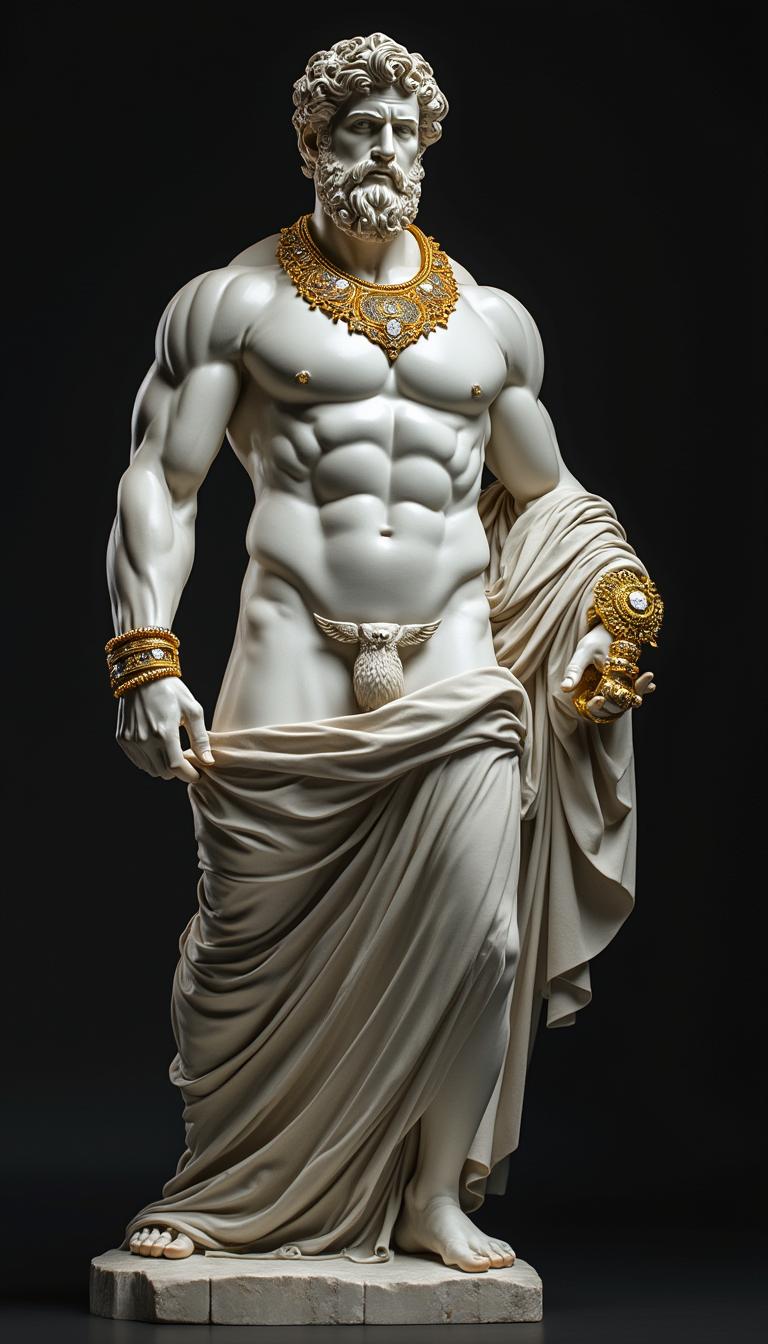 A hyper-realistic Greek marble statue with extremely well-defined and exaggerated muscles, posing calmly as if for a photograph. The statue has a serene and confident expression, with each muscle fiber meticulously sculpted, showcasing an idealized human physique. It is adorned with luxurious gold and diamond accessories: a massive gold necklace encrusted with sparkling diamonds, thick golden bracelets on its wrists, and a large diamond-studded gold ring on one hand. The background is a solid black, creating a striking contrast with the white marble and the dazzling jewelry. Dramatic lighting enhances the statue's shadows and textures, emphasizing its grandeur.
