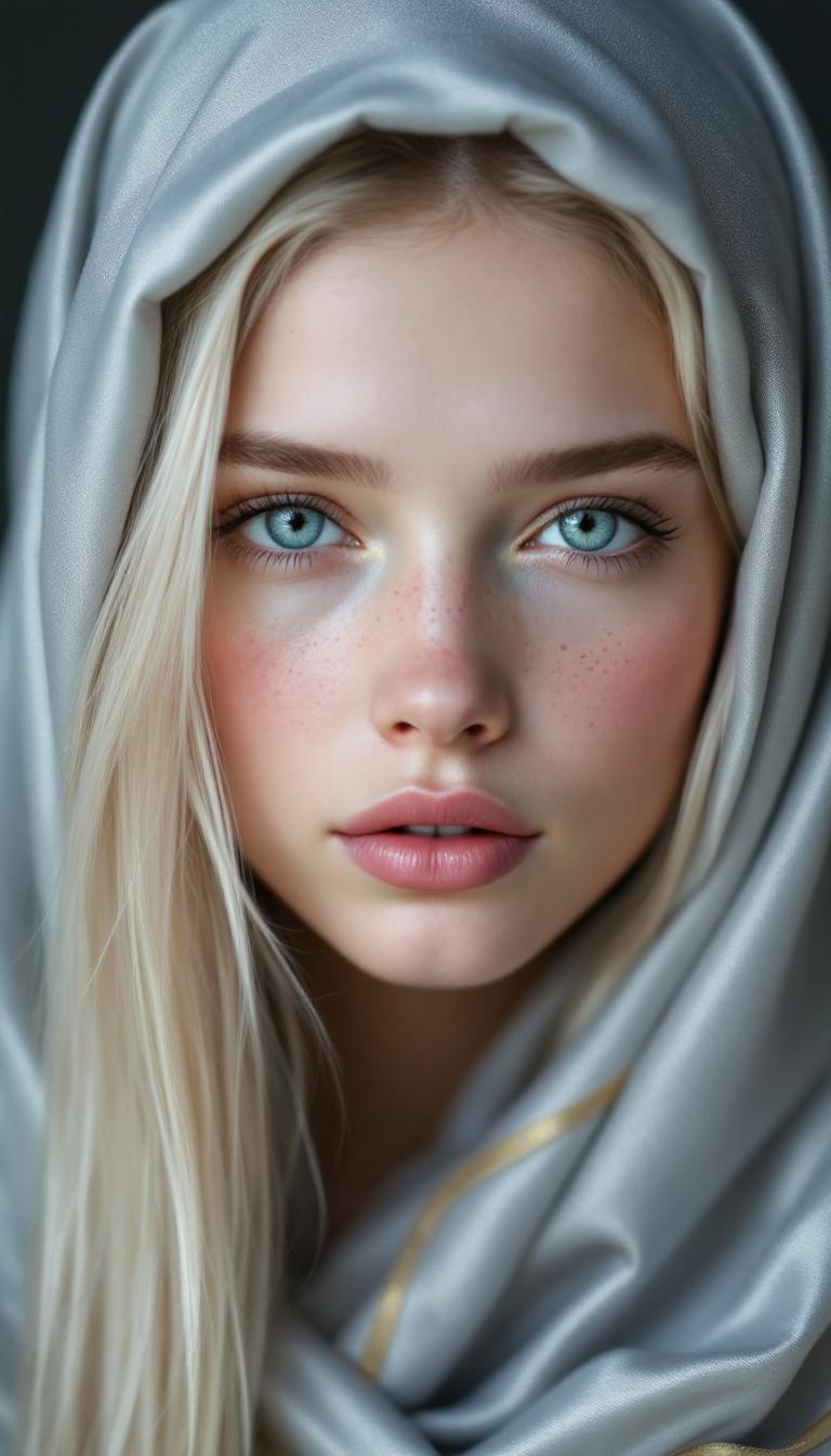 A close-up portrait of a teen girl with fair skin and long, straight, platinum blonde hair. Her eyes are a light, icy blue, and her lips are a naturally pale pink. Her skin has subtle freckles and a natural, healthy glow. Her hair is partially covered by a draped garment; the fabric is a luxurious, silky material in a light gray-blue, with subtle iridescent shimmer that appears to be woven into the textile. A band of gold satin or silk ribbon edges the garment. The background is a dark, undefined neutral tone. The lighting is soft and natural, illuminating her features evenly. Body pose: The woman is facing directly toward the viewer, her head and upper body visible; her expression is calm and peaceful; the fabric gently drapes over her shoulders and neckline. The realism in the rendering is focused on the natural textures of her skin, hair, and the fabric's subtle sheen and folds.