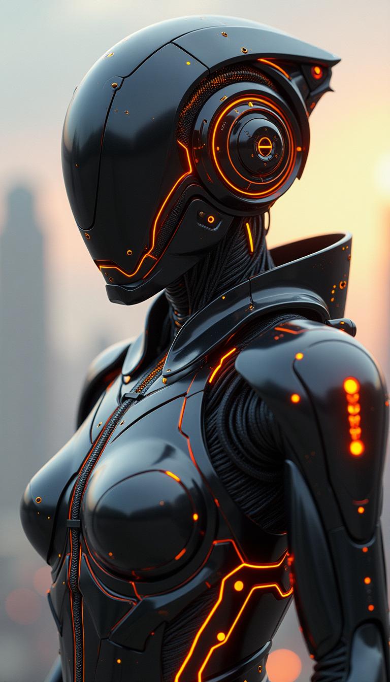 A highly detailed futuristic cybernetic humanoid with a sleek, glossy black metallic exoskeleton. The character wears a high-tech helmet with glowing orange accents, advanced circuitry, and illuminated mechanical components. The visor and facial augmentations emit an intense orange glow, enhancing the cybernetic aesthetic. The humanoid’s attire is a futuristic black metallic jacket with embedded orange neon lights, creating a bold contrast. The background is a soft gradient, complementing the high-tech, sci-fi theme with a dynamic orange energy effect.