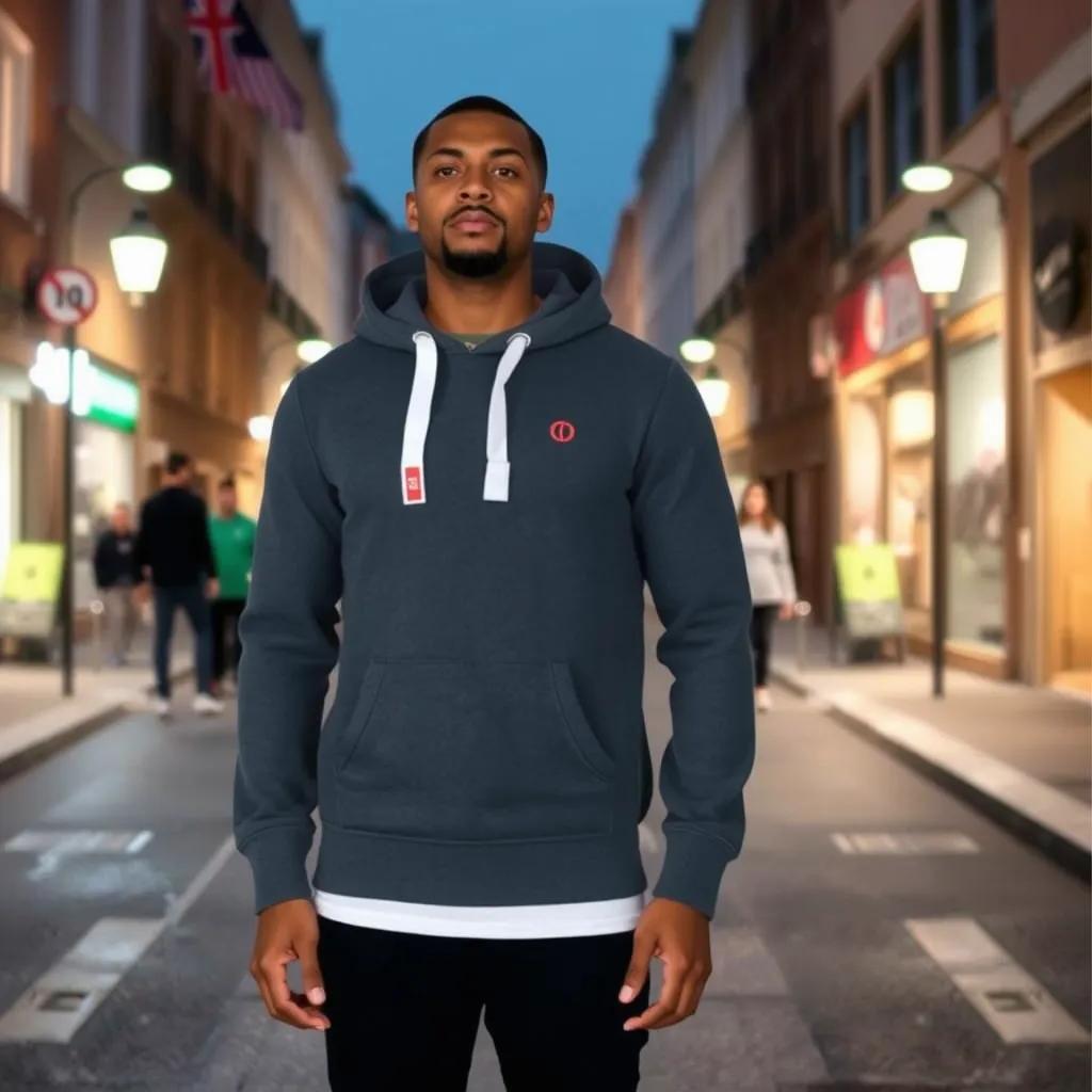 a photo of a man wearing this hoodie standing on the streets of lisbon