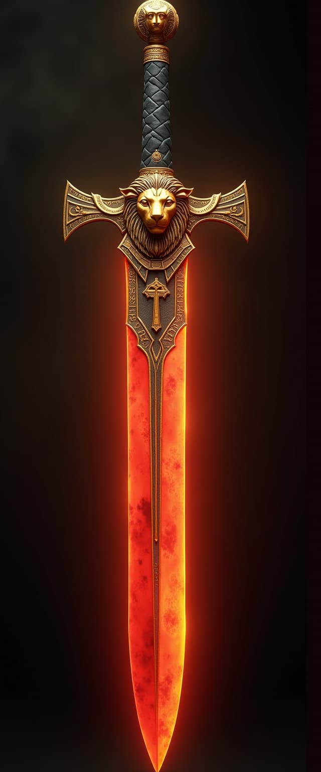 Create a powerful and intricately designed sword inspired by the Egyptian goddess Sekhmet, the goddess of war. The sword should have an ornate hilt featuring Egyptian motifs, such as hieroglyphs and the ankh symbol, and a blade that glows with a fiery red aura, symbolizing Sekhmet's fierce nature. The hilt is decorated with a lion's head, representing Sekhmet's lioness form, and adorned with gold and precious gemstones. The overall design should reflect ancient Egyptian art and mysticism, with an air of divine power and intimidation.